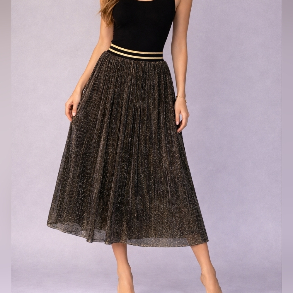 REVEUSE Black Gold Metallic Mesh Panel Midi Holiday Skirt Large